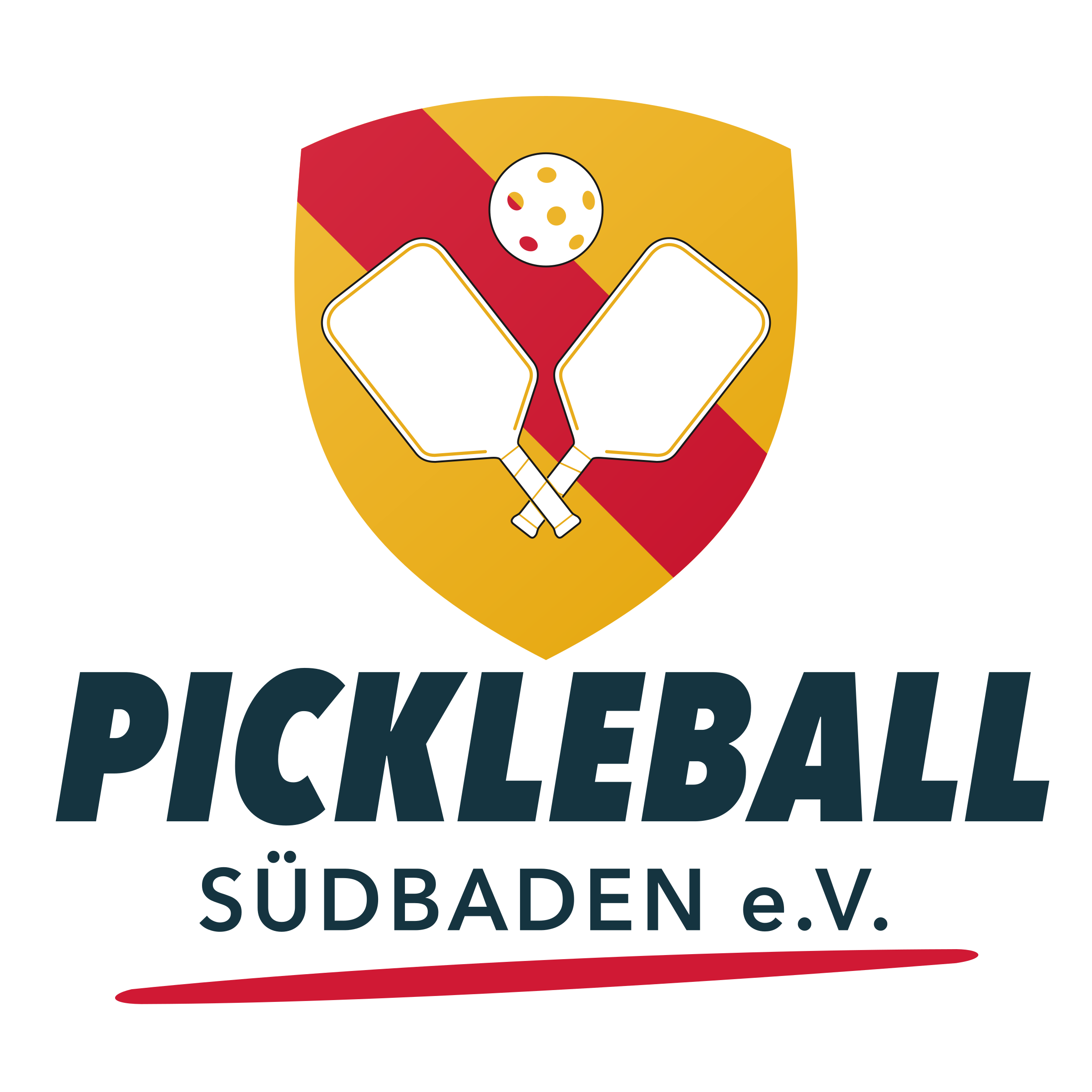Logo des Pickleball Südbaden e.V.: zwei gekreuzte gelbe Paddles mit roten Streifen und ein gelber Ball